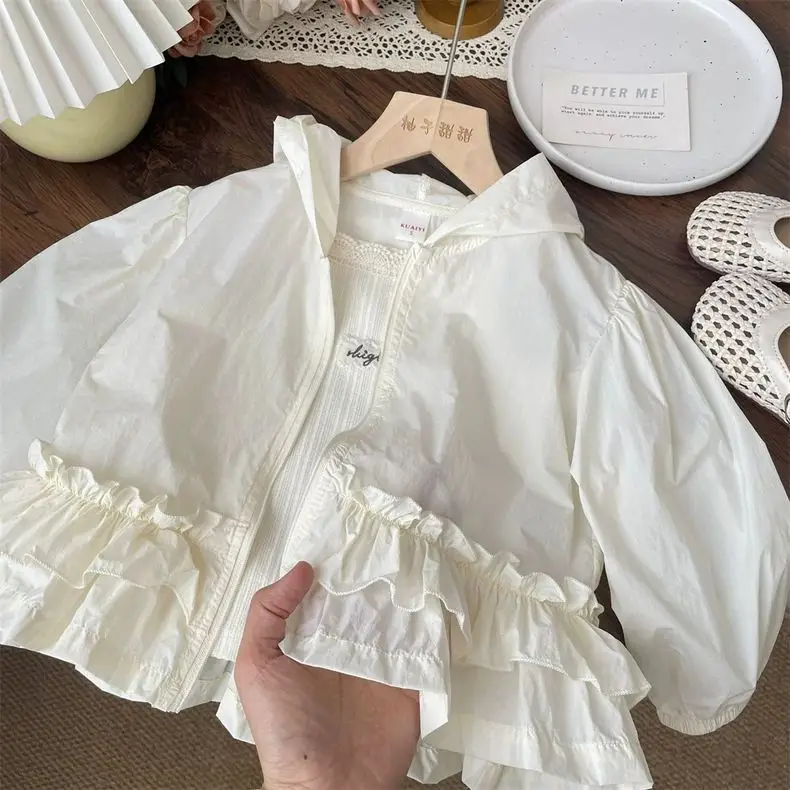 2025 Summer Baby Skirt Lace Hooded Sunscreen Jacket for Girls Thin Coat for Children, Princess Top Air Conditioning Shirt