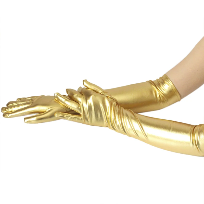 

Gold Color Wet Look Fake Leather Metallic Gloves Evening Party Performance Mittens Women Sexy Elbow Length Long Latex Gloves