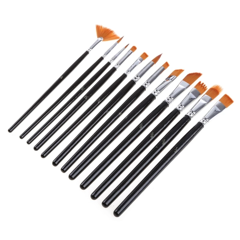 12Pcs Nylon Hair Acrylic Oil Painting Watercolor Artist Paint Brush Supplies Set