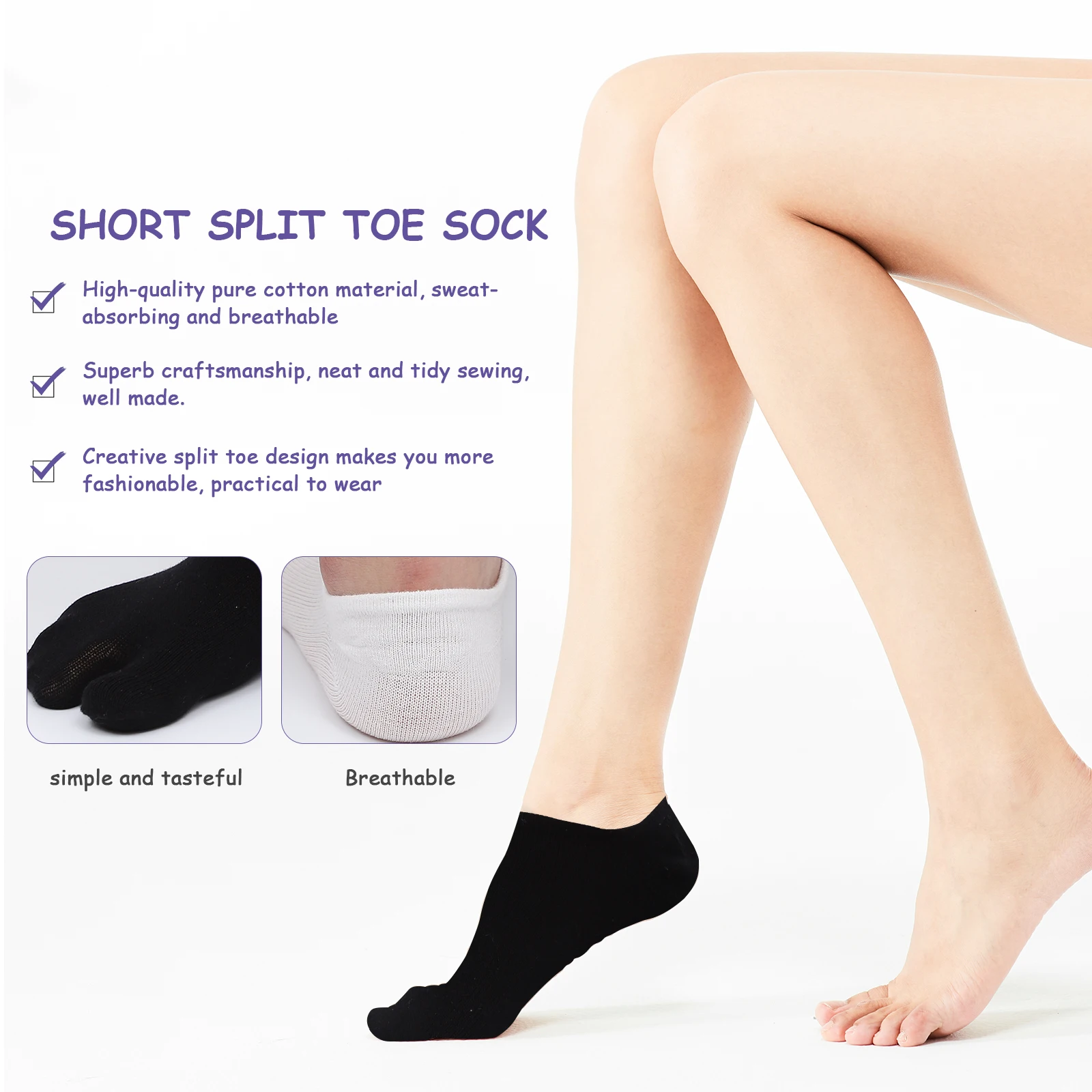

2 Pairs Black White Short Toe Socks Anti slip Sweat absorbent Elastic Unisex Fashionable Lightweight Comfortable Split Toe Sock