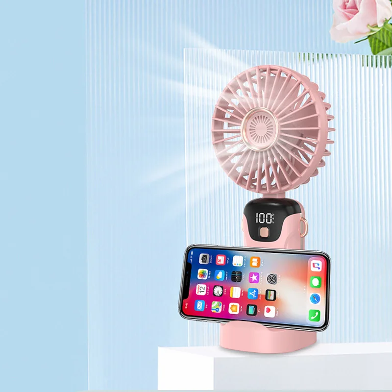 2024 New handheld small fan portable hanging neck LED desktop USB charging folding digital display handheld fan