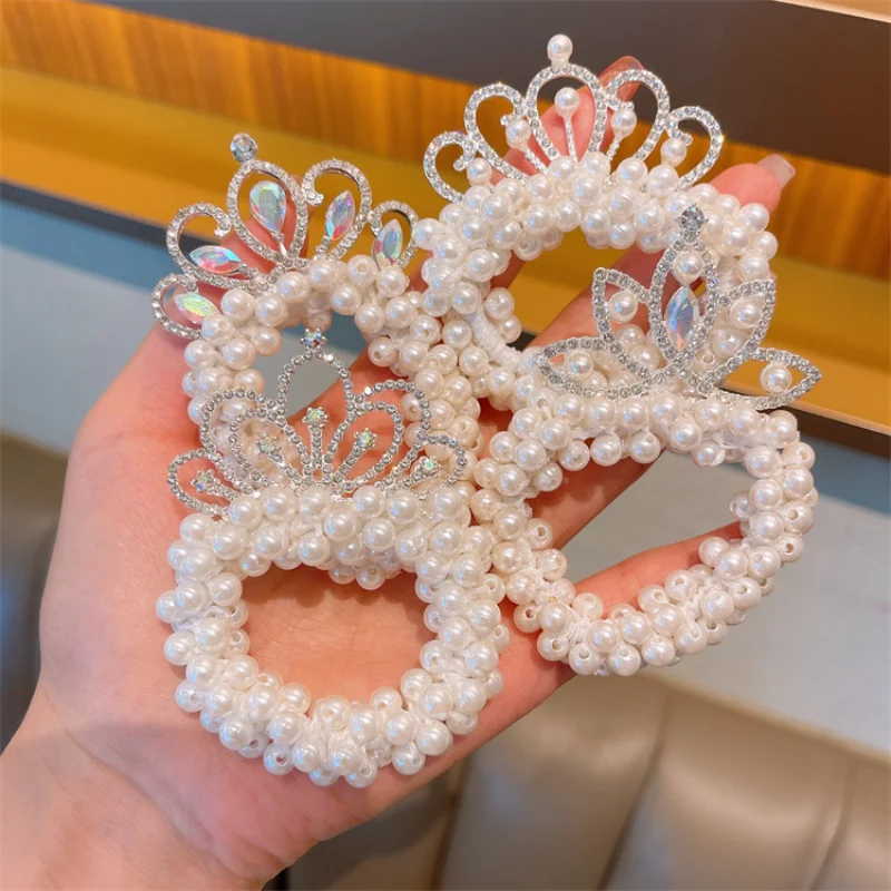 New Fashion Pearl Crown Princess Hair Ring Cute Kids Elastic Hair Bands Children Hair Ties Girls Hair Accessories Baby Headwear