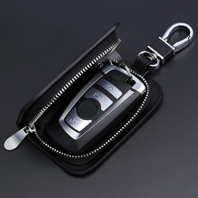 10pc Carbon Fiber Car Key Case Cover Protector Genuine Leather Keychain Holder Metal Hook Key Ring Zipper Bag For Remote Key Fob