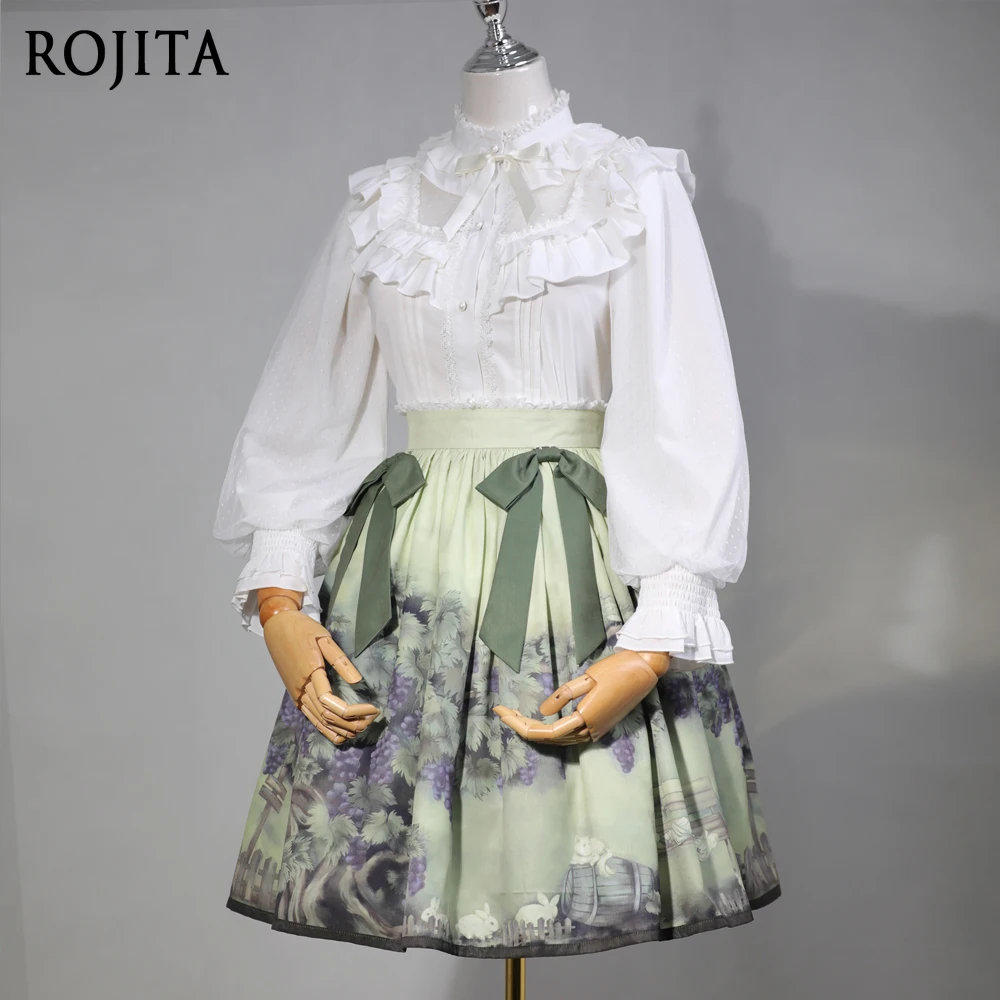 

Lolita Printed Half Skirt Sk Mesh Lace Long Sleeve Loose Shirt Black and White Inner Layer Stand Collar Ruffled Bell Sleeve Top