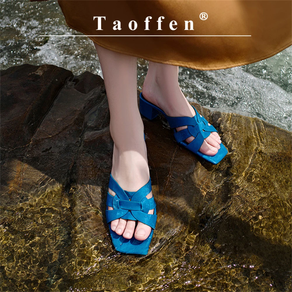 Taoffen Real Leather Women Sandals Fashion Square Toe Slingback Summer Beach Slip On Slippers Ladies Elegant Office Daily Shoes