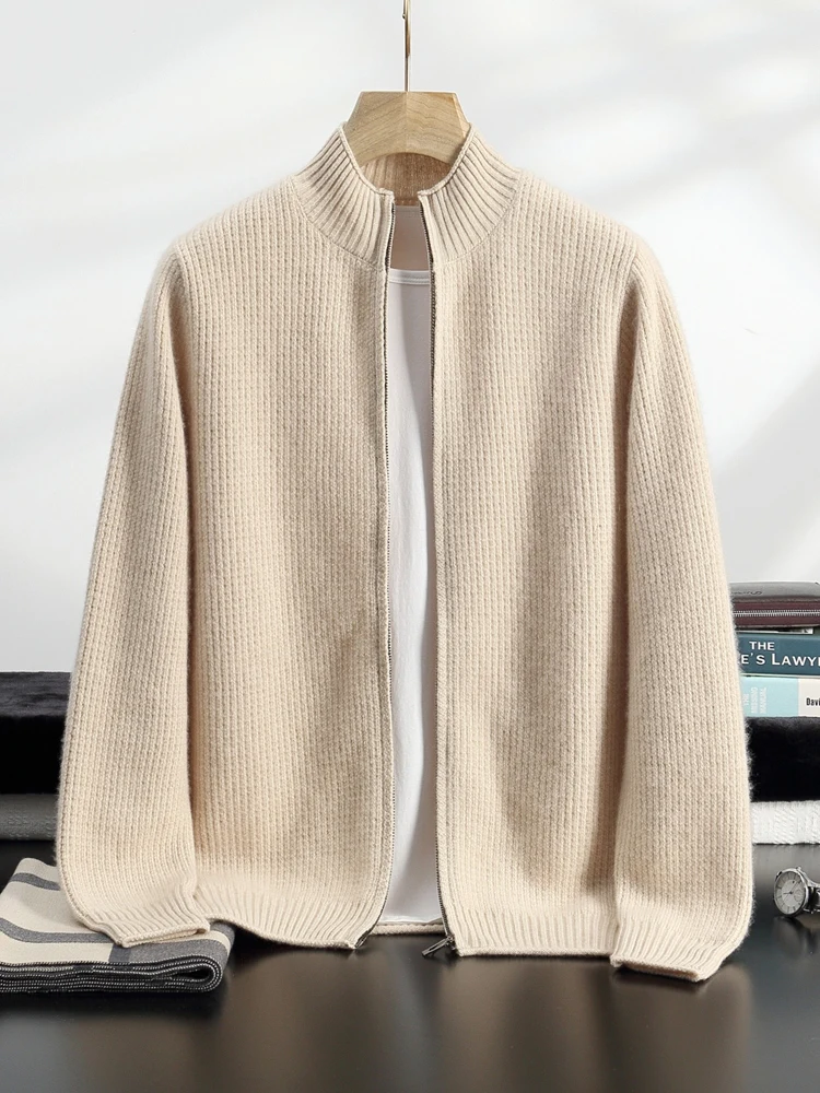 Autumn Winter High Quality Men's Zipper Thick Cardigan Mock Neck  100% Cashmere Sweater Twist Flower  Knitwear Casual Soft Tops