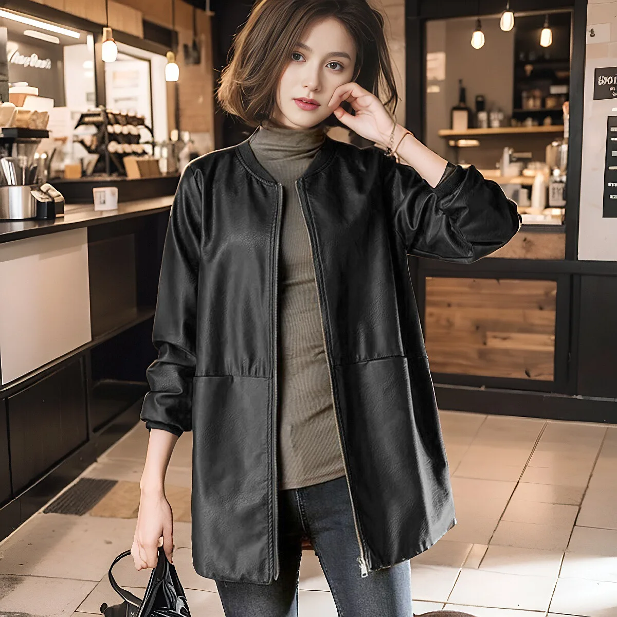 Bla Leather Jaet Donna Primavera Autunno Lunghezza media Allentato Mom Faion Hong Kong Sle Cappotto in pelle PU Chiusura con cerniera