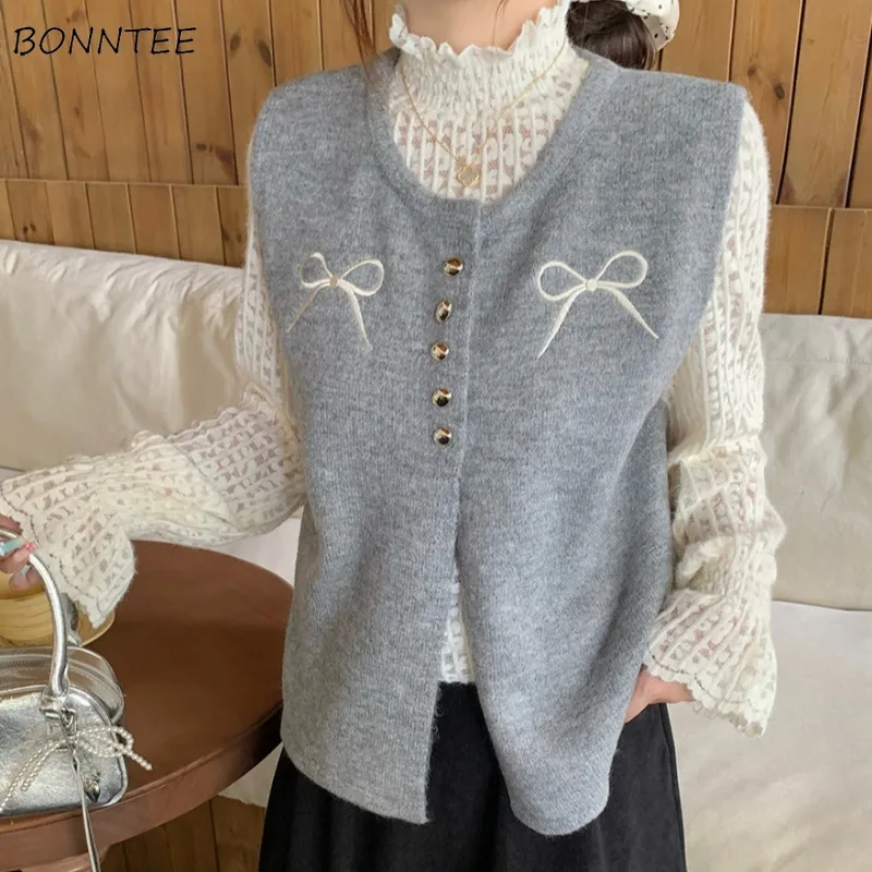 

Vest for Women Gray Elegant Bow Chic Warm Soft Autumn Winter O-neck Niche Loose All-match Streetwear Leisure College Young Tops