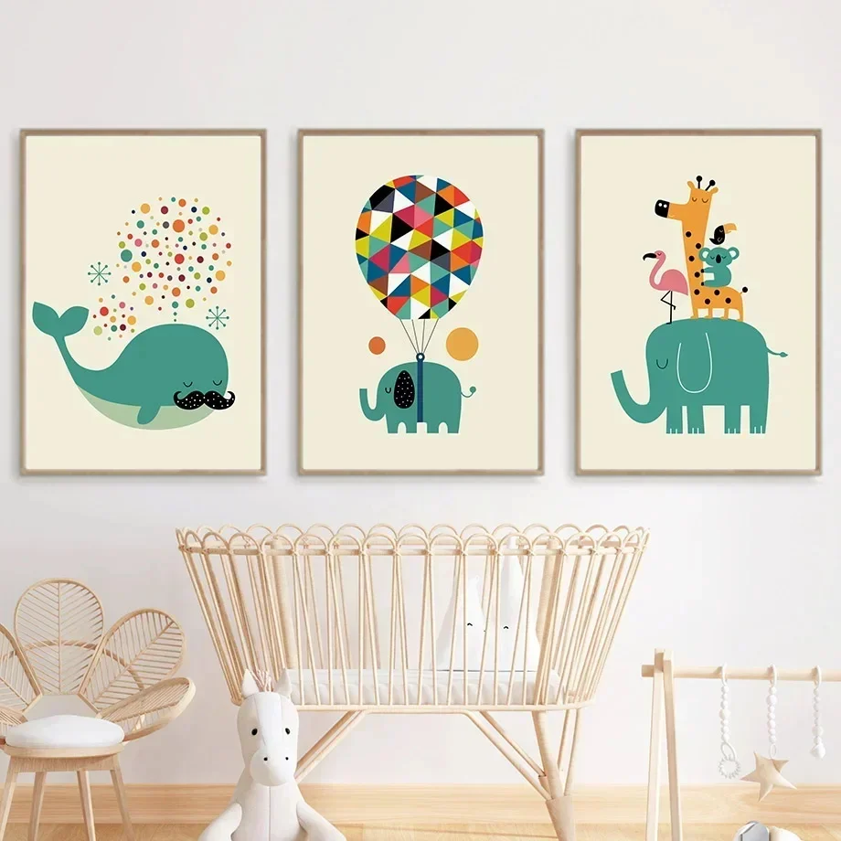 

Cartoon Elephant Whale Koala Giraffe Balloon Wall Art Canvas Painting Nordic Posters And Prints Wall Pictures Kids Room Decor