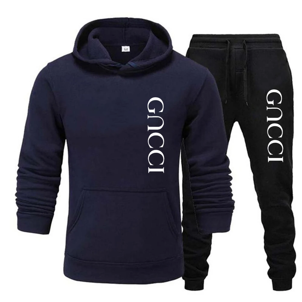 2024 Men\'s Casual Jogging Sportswear Set Hoodie and Black Sweatpants Rubberized Jacket Fashion Sports Winter Warm 2 Piece Set