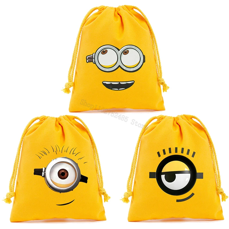 Minionses Yellow Flannel Drawstring Bag Kawaii Gift Pouch Small Present Holders Simple Cosmetic Storage Bag Makeup Multifunction