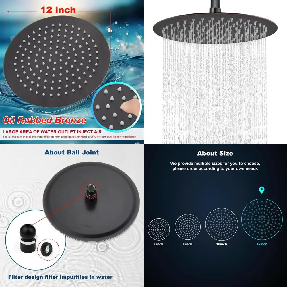 رأس دش مطري كبير من الفولاذ المقاوم للصدأ عالي الضغط مع تصميم برونزي رفيع للغاية ومطلي بالزيت، 12 بوصة