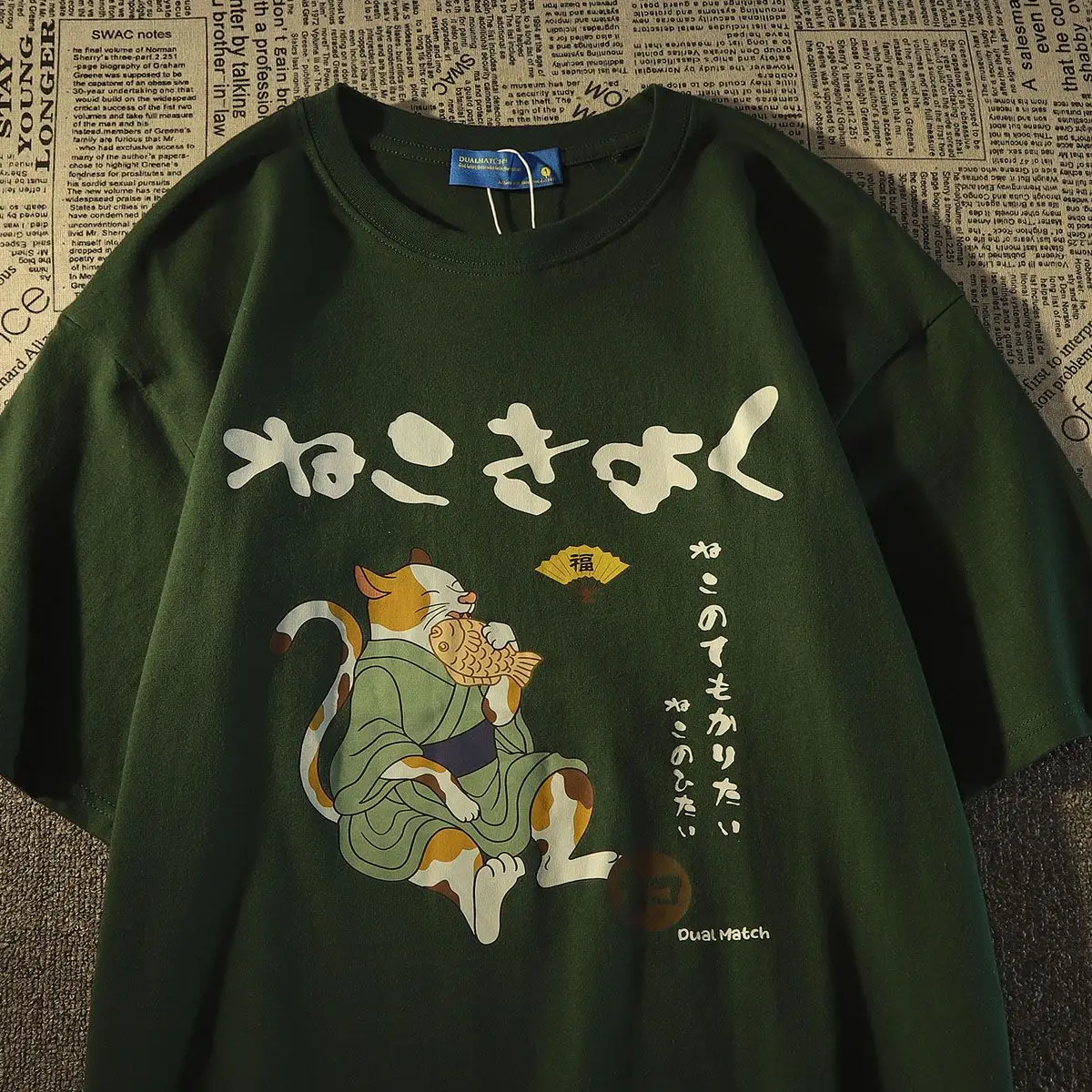 女性のためのヴィンテージカワイイキャットプリントTシャツ,ファッショナブルなユニセックスTシャツ,ルーズでカジュアルなヒップホップスタイル,半袖トップスy2k