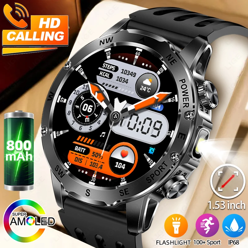 

New Big Battery 800mAh Smart Watch Men 1.53"HD Amoled Smart Watches LED Flashlight Heart Rate Fitness Smartwatch for Android iOS