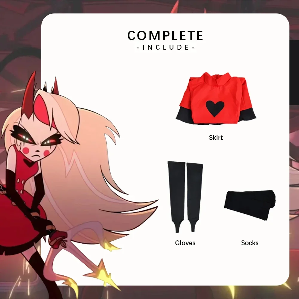Anime Hazzbin Cosplay Costume d'Halloween pour filles adultes, perruque rouge, queue de corne, jupe en fibre sexy