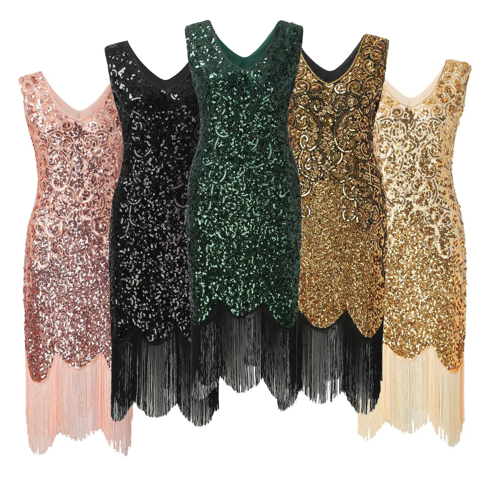 Abito da festa vintage anni '20 Flapper Great Gatsby con scollo a V senza maniche con paillettes in rilievo Abiti stile nappa Flapper Prendisole Vestidos