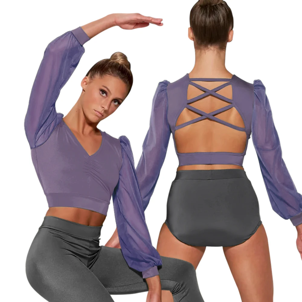 MiDee Lyrical Dance Wear Women Crop Top Ruched V Neck Sheer Mesh 3/4 Puff Sleeve Criss Cross Backless Stage Performance