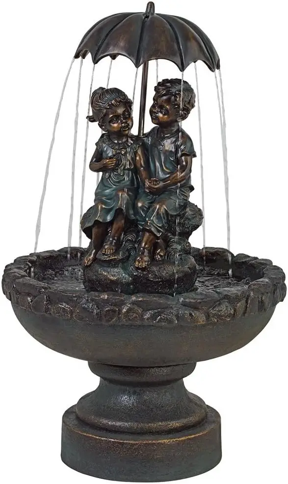 

Boy and Girl Under Umbrella Outdoor Floor Water Fountain 40" High Copper Green Bronze Resin for Garden Patio Yard Deck