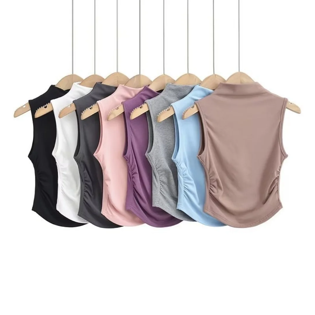 

Women's 2026 New Waist Cinched Mock Neck Sleeveless Tank Top Solid Color Ruched Slim Fit Cami Top