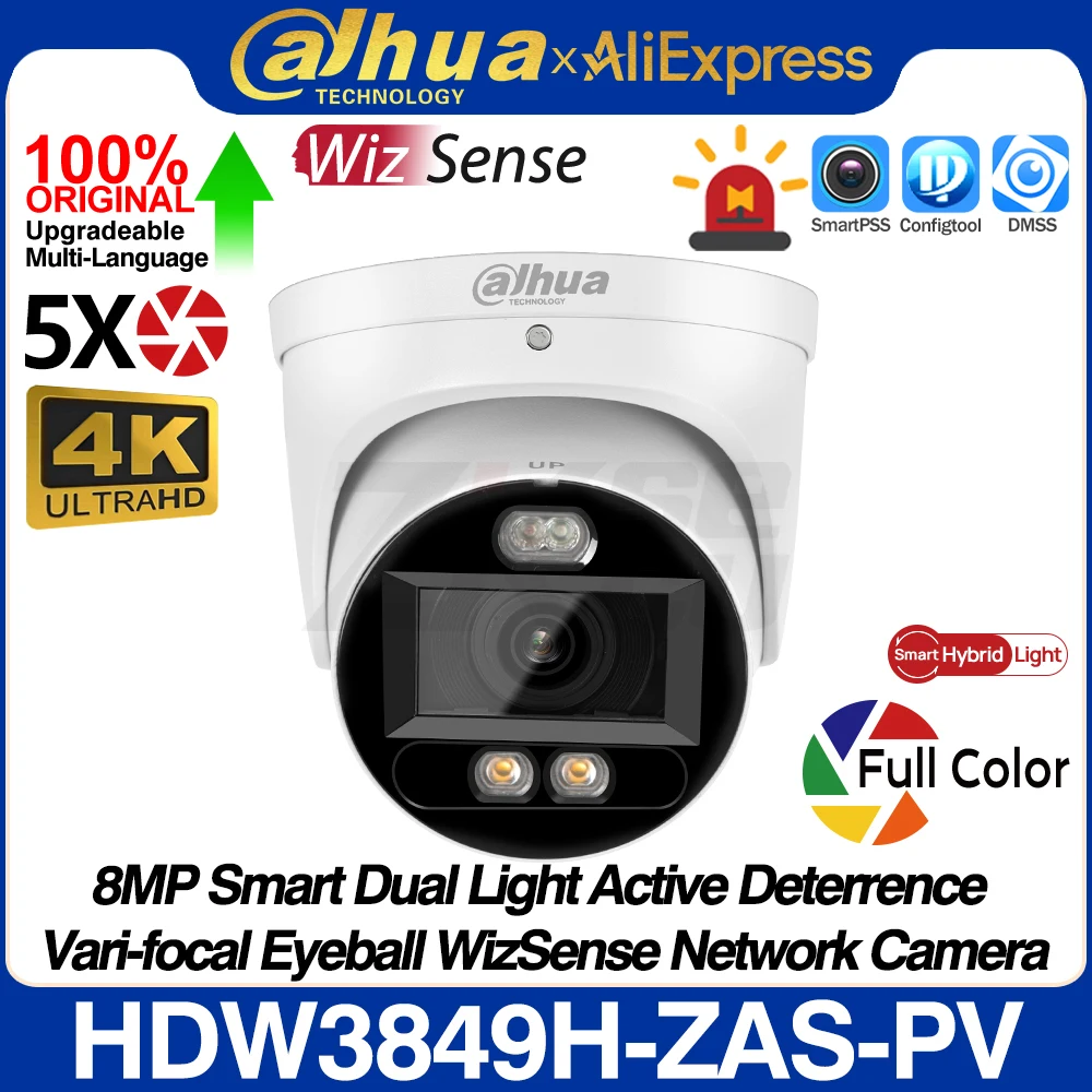 

Dahua IPC-HDW3849H-ZAS-PV 8MP 4K Smart Dual Light Active Deterrence 5X Zoom WizSense Network POE IP Camera Full Color SMD 4.0