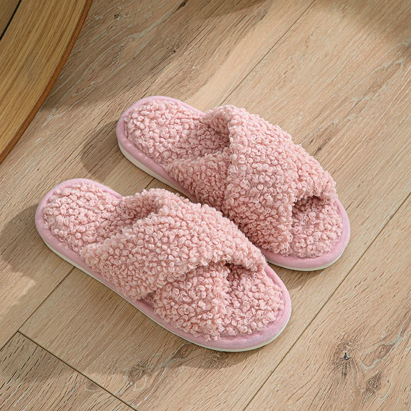 2024 Europe and America Hairy Cross Belt Cotton Slippers for Women At Home Skin Friendly Plush Cotton Slippers Summer Cool Shoes