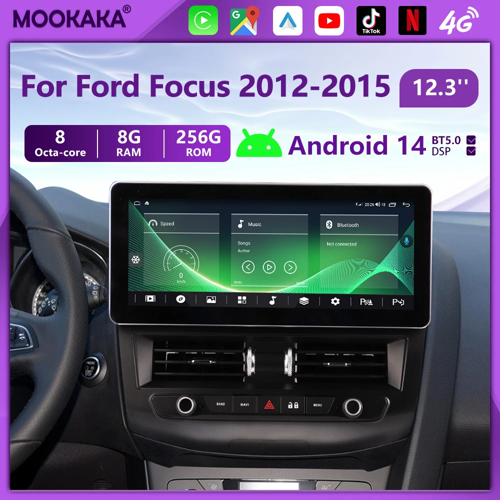 Radio de Auto con Android 14.0 de 12.3'', Reproductor Multimedia de Video Estéreo para Ford Focus 2012 2013-2015, Unidad Principal de Navegación GPS, Carplay