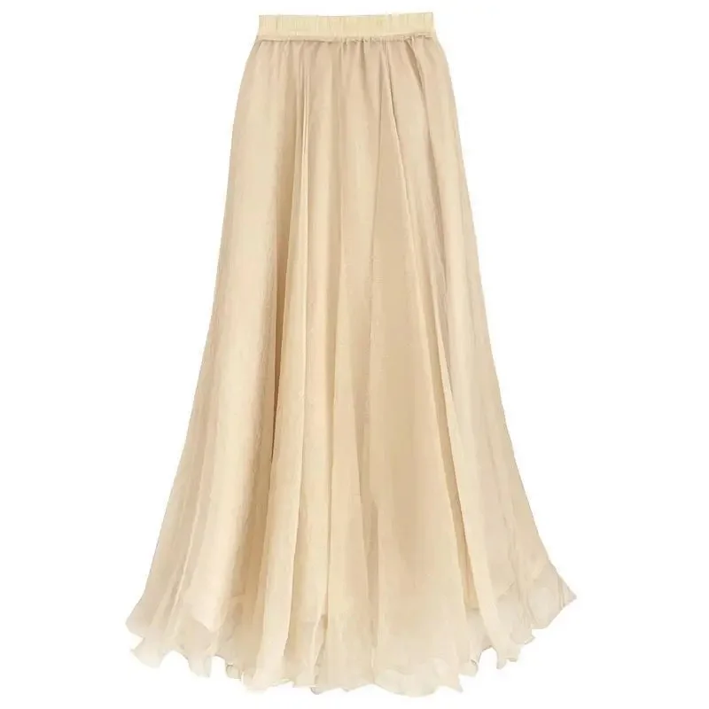 الشيفون تنورة طويلة المرأة عطلة الشاطئ الكشكشة أنيقة تنورة الحفلات عالية الخصر فضفاضة شبكة الحلو سيدة الكرة ثوب صيف جديد