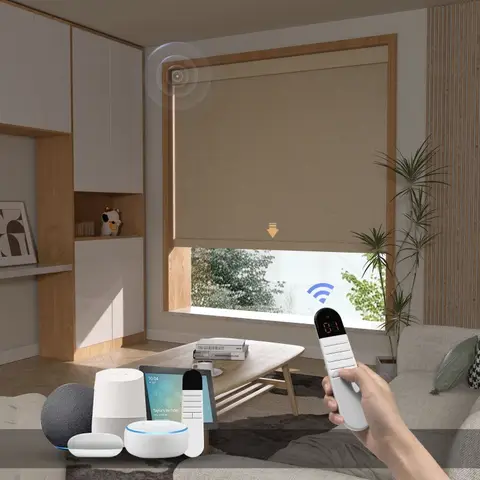Fashion Shades 100%Blackout Fabric Remote Control Compatible Siri Apple Homekit Google Home Electric Roller Blinds For Bedroom