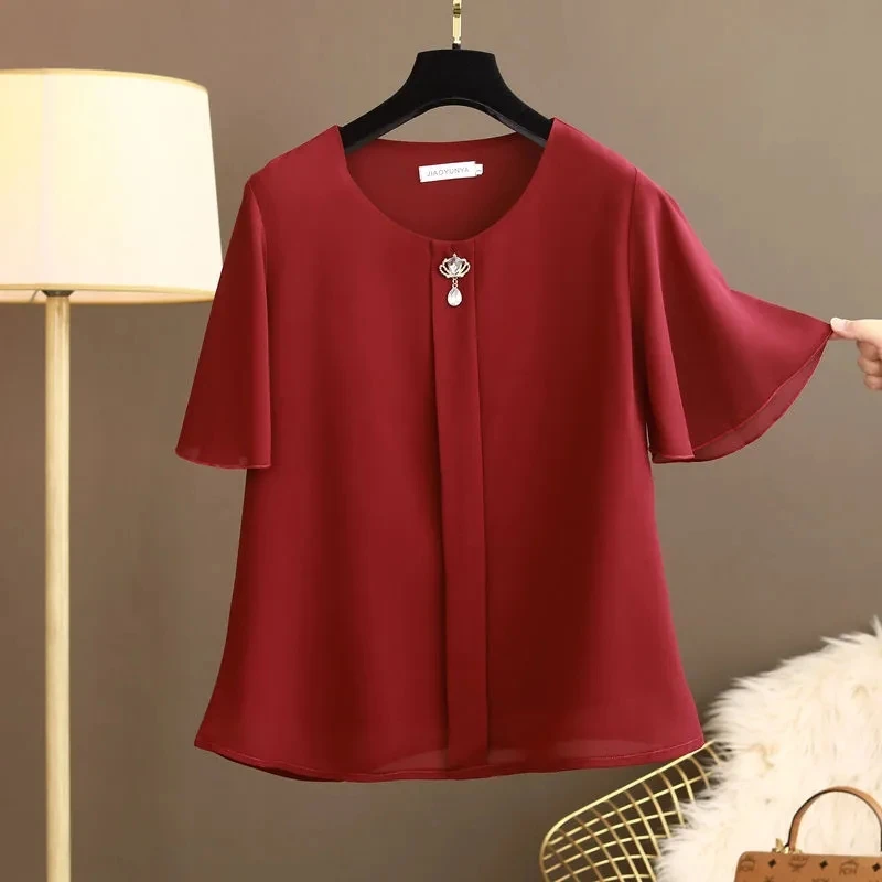 Women Blouse And Tops Summer Short Sleeve Chiffon T-shirt Middle Age Female Fashion Pullover Tshirts Shirts Large Size L-6XL