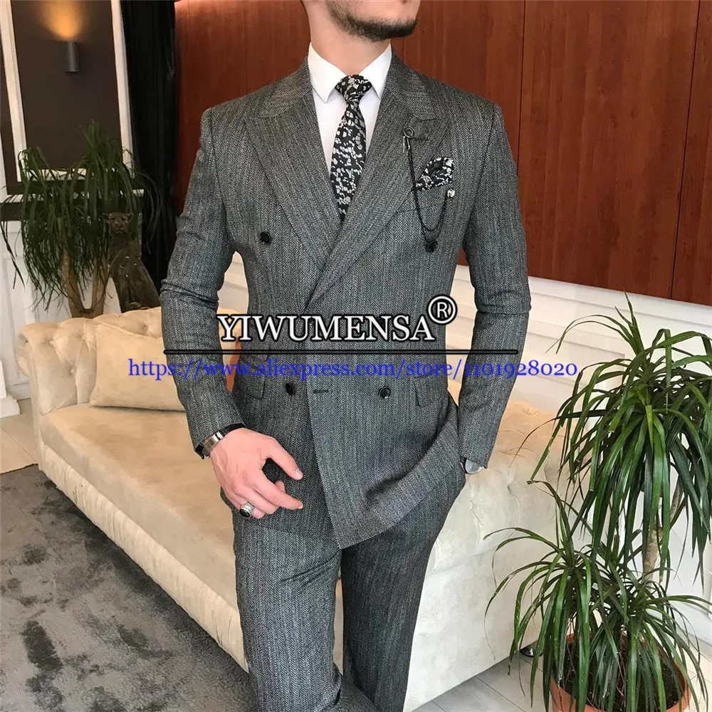 

Grey Herringbone Suits Men Business Office Blazers Double Breated Jacket+Pants 2 Pieces Wedding Tuxedo Terno Masculino Completo