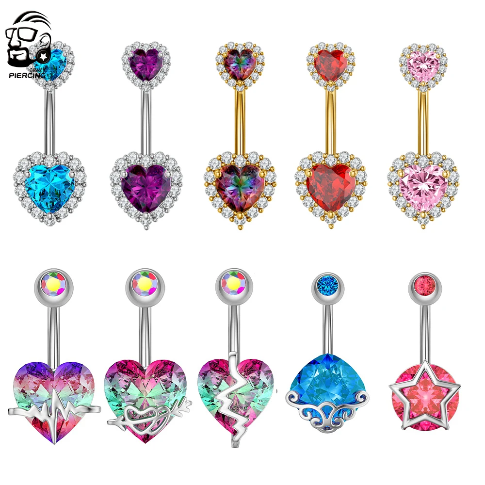 Red Zircon Curved Heart Belly Button Ring 14G Sexy Body Navel Piercing Nombril for Women Stainless Steel Blue Color Belly Rings