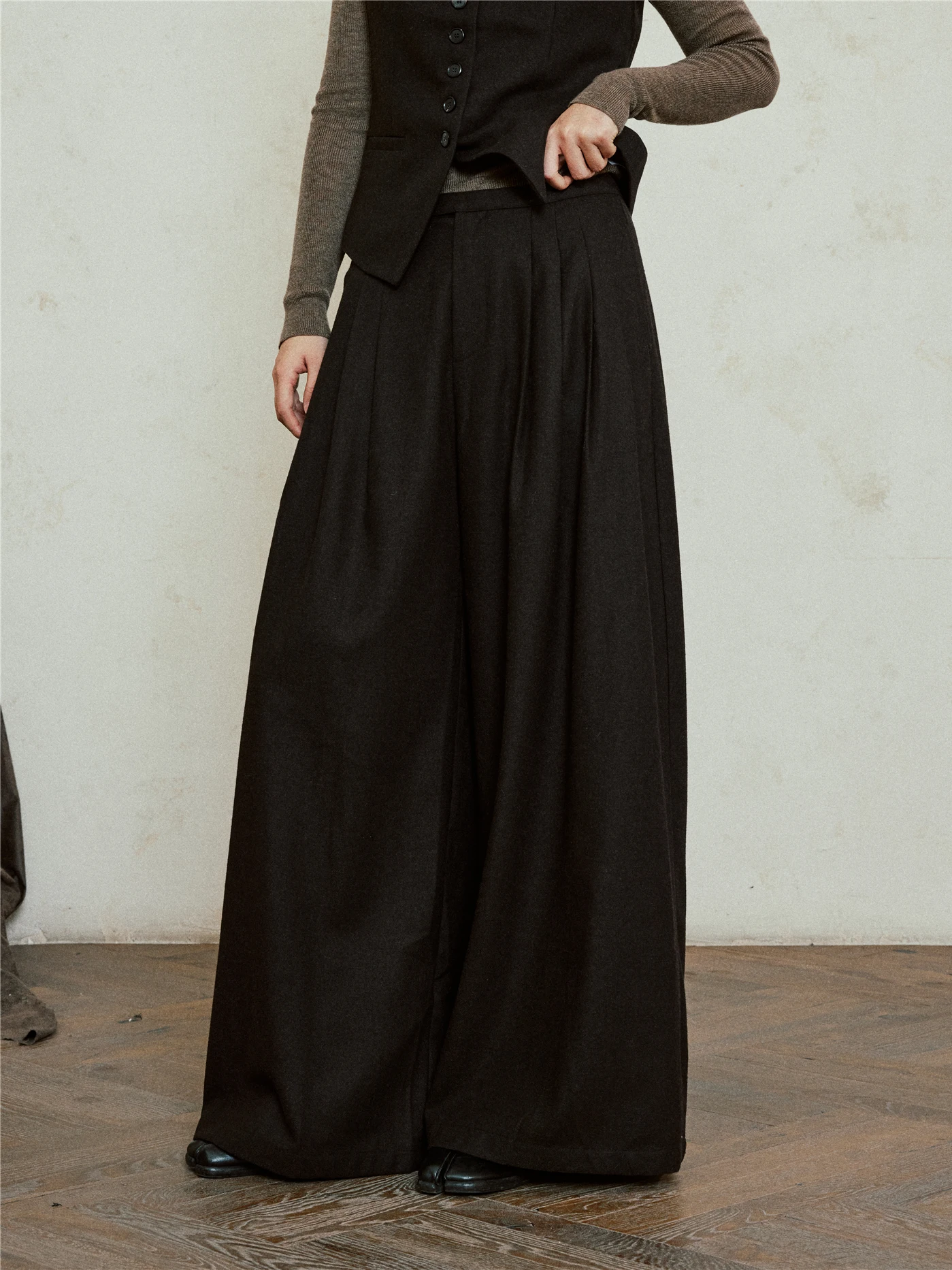 SUNYVONNE High Waist Straight Leg Wide Leg Pants Woolen Casual Leisure Suit Long Pants Design Sensation Slimming Trendy