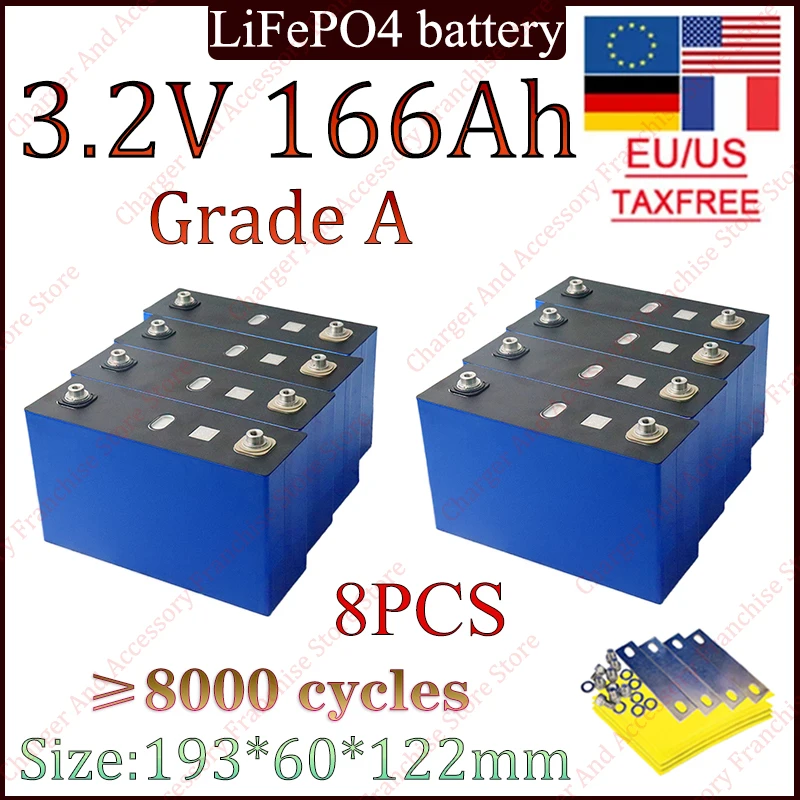 

8 шт. новая аккумуляторная батарея LiFePO4 3,2 В, 166 Ач, 170 Ач, подходит для 12 В, резервная портативная батарея, бесплатная доставка