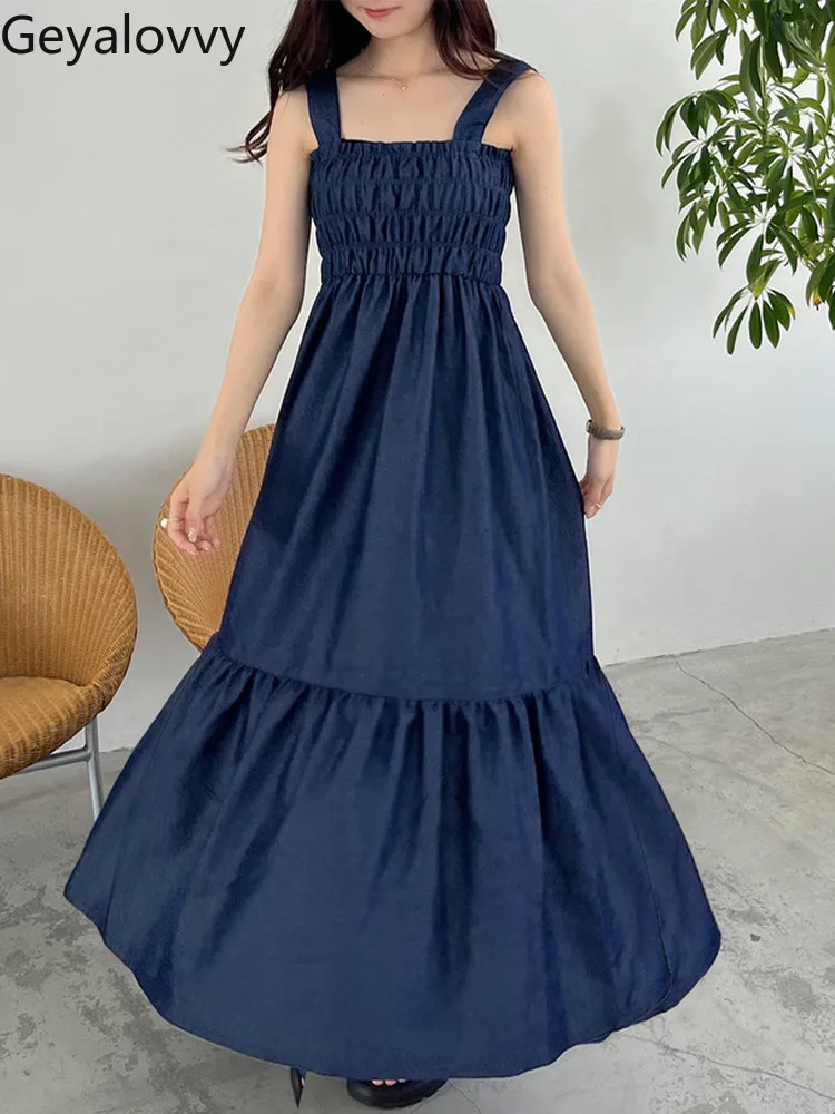 

Summer New 2025 Japanese Sweet Girls Shoulder Strap Adjustable Sleeveless Long Dress High Waist Slim Denim Maxi Dresses
