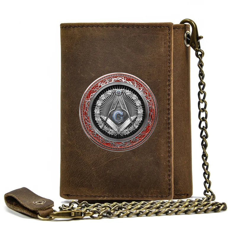 Luxury Men Genuine Leather Wallet With Iron Chain Antique Freemasonry Logo Printing Card Holder Anti Theft Short Purse BT3504