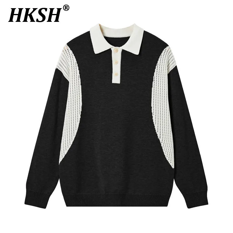 HKSH Men's Tide Vintage Trendy Casual Turn Down Collar Knitted Sweater Spring Casual Color Contrast Hollow Out Pullover HK0365