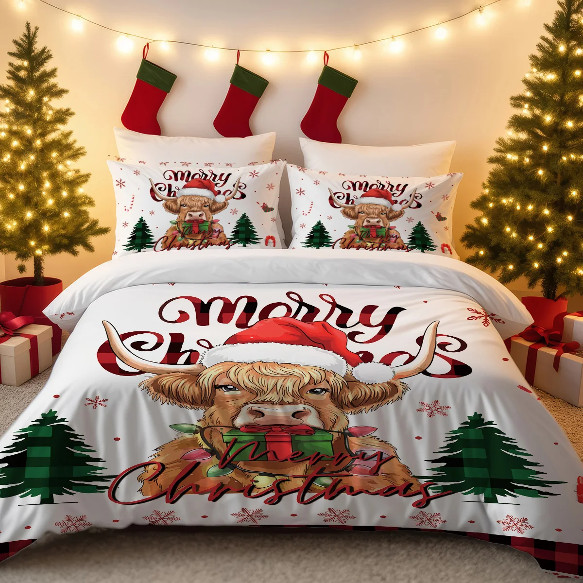 3pc Christmas Highland Cow Print Coreless Holiday Bedding Set Soft Comfortable Bedroom Dormitory Multiple Sizes Machine Washable