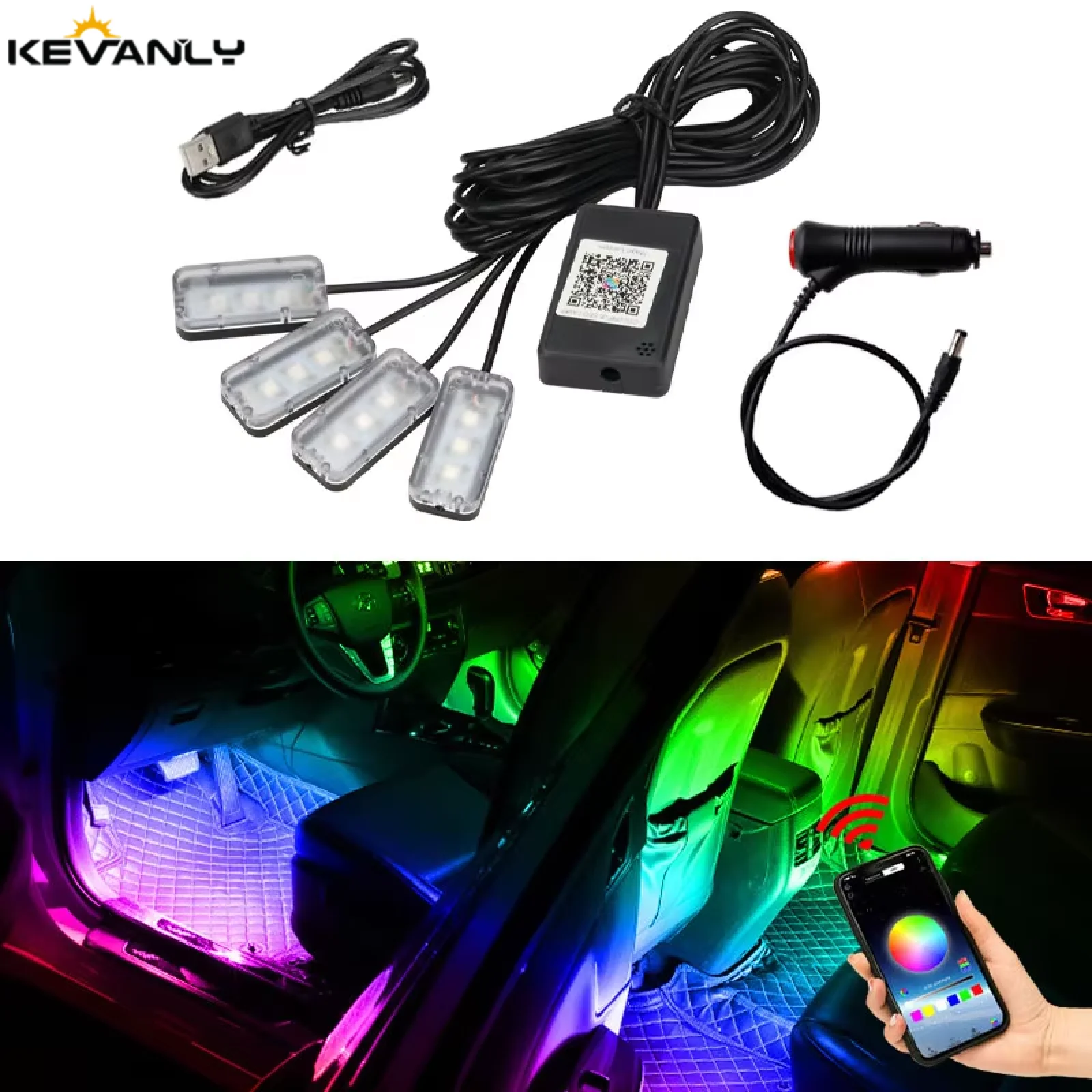 

1 in 4 Symphony Foot Light RGB LED Car Interior Decorative Atmosphere Light Ambient Lamp with USB Cigarette Wireless App Control