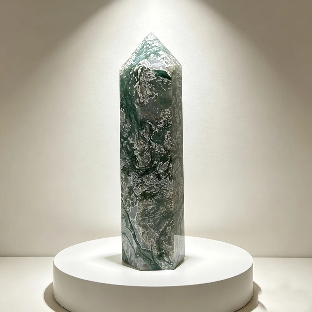 Natural Moss Agate Point Tower, Red Green Agate Obelisk with 4 or 6 Sides, Polished Gemstone for Room Ornament