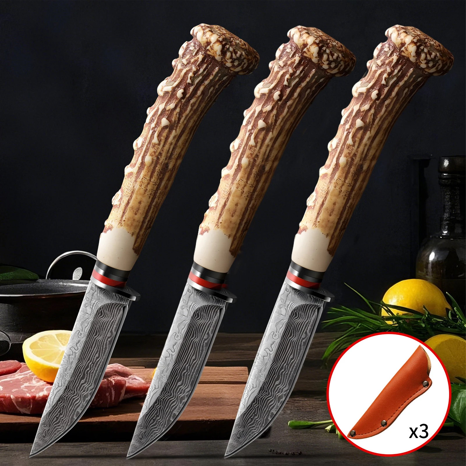 

3PCS Damascus Texture Fruit & Carved Knife Set,Leather Sheath Included-Kitchen Knives small knife,Outdoor Cooking & Culinary Use