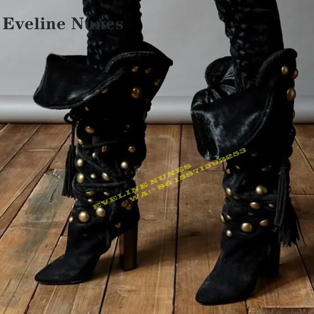 

Sexy Runway Show Shoes 2025 Autumn Winter New Style Gold Studded Tasseled Sexy Knee High Boots Pointed Block Heel V-Cut Pull On