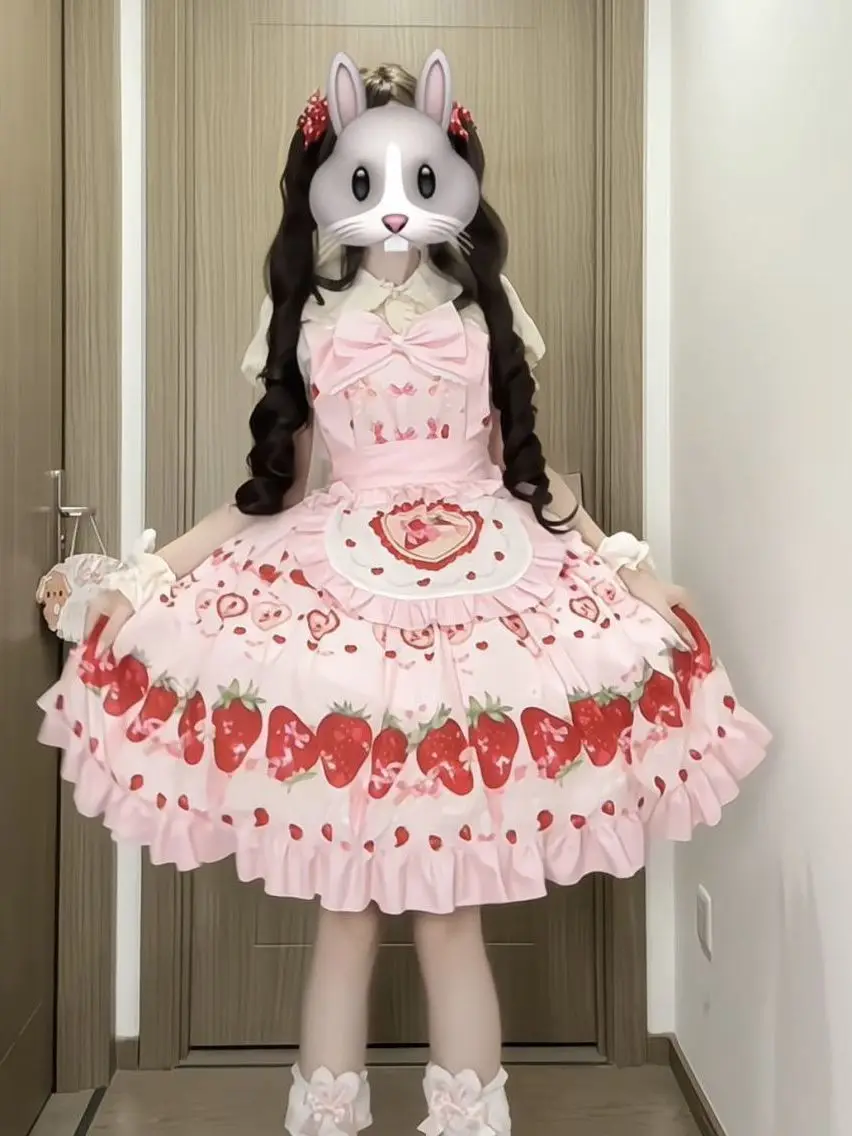 Strawberry Skirts Japanese Sweet Kawaii Lolita Strap Dress Women Spring Sleeveless Slim Fit All-match Fashion One Piece Vestidos