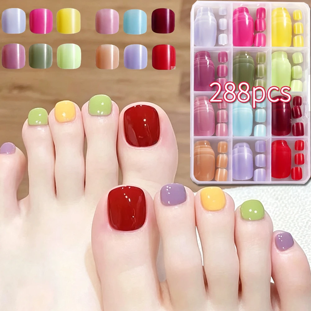 288Pcs Glossy Solid Color Press On Toe Nails 12 Shades Multisize Full Cover Square False Nails For Foot Summer Toe Fake Nail Tip