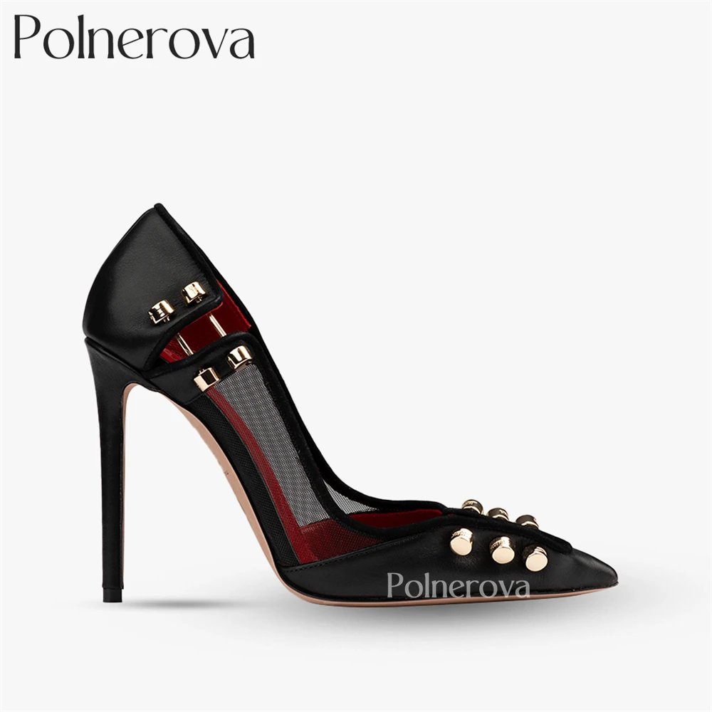 Mesh Pin Buckle High Heels for Women Sexy Style Black Leather Metal Accessories Pumps Luxury Designer Style Handmade High Heels