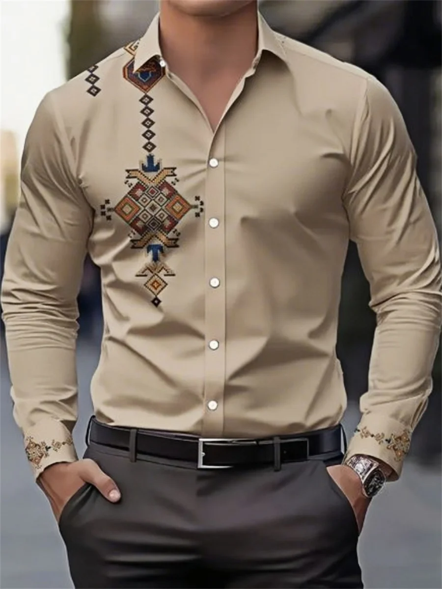 

Men's shirt 3D high-definition printing retro ethnic style long-sleeved fashion shirt high-quality business lapel versatile top