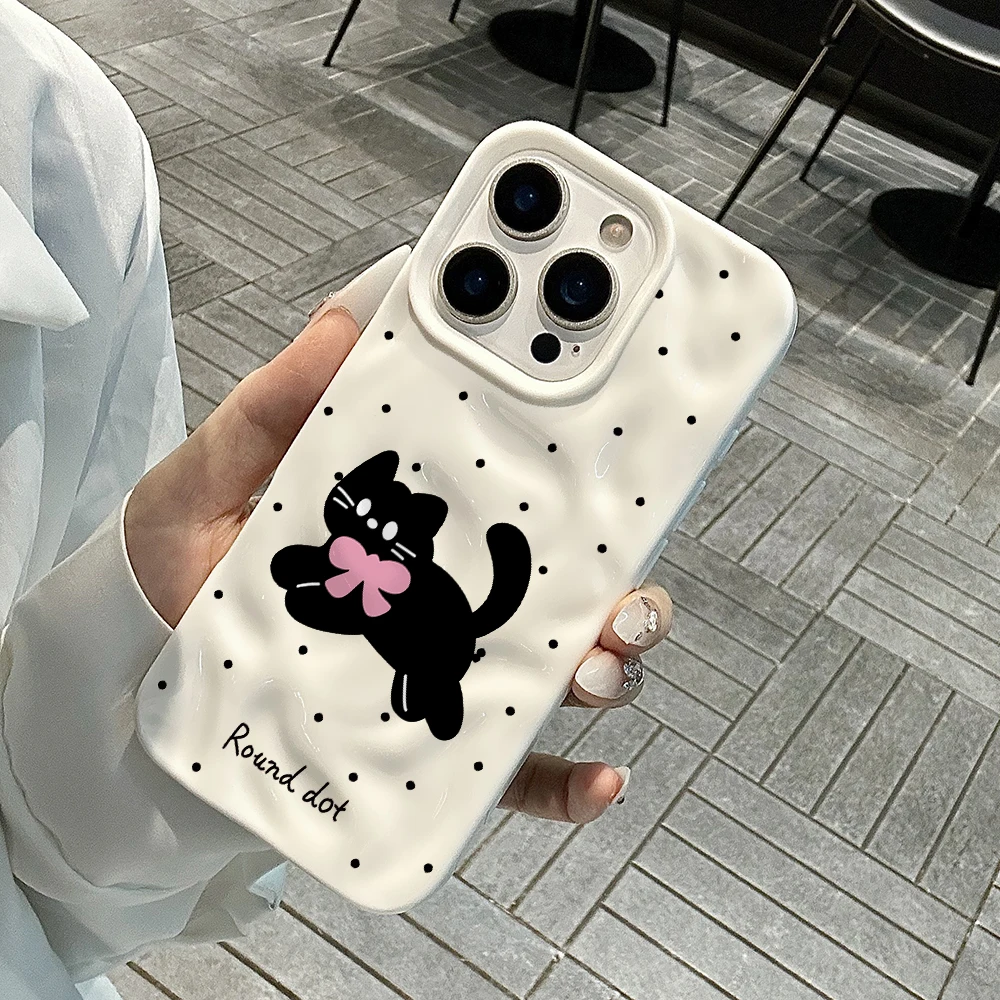 Polka Dot Niedliche Kätzchen-Druck Handyhülle für iPhone 17 16 15 14 13 12 11 Pro Max 14 Plus 17Air Falten-Wellen Weiche Silikonhülle – Detail 4