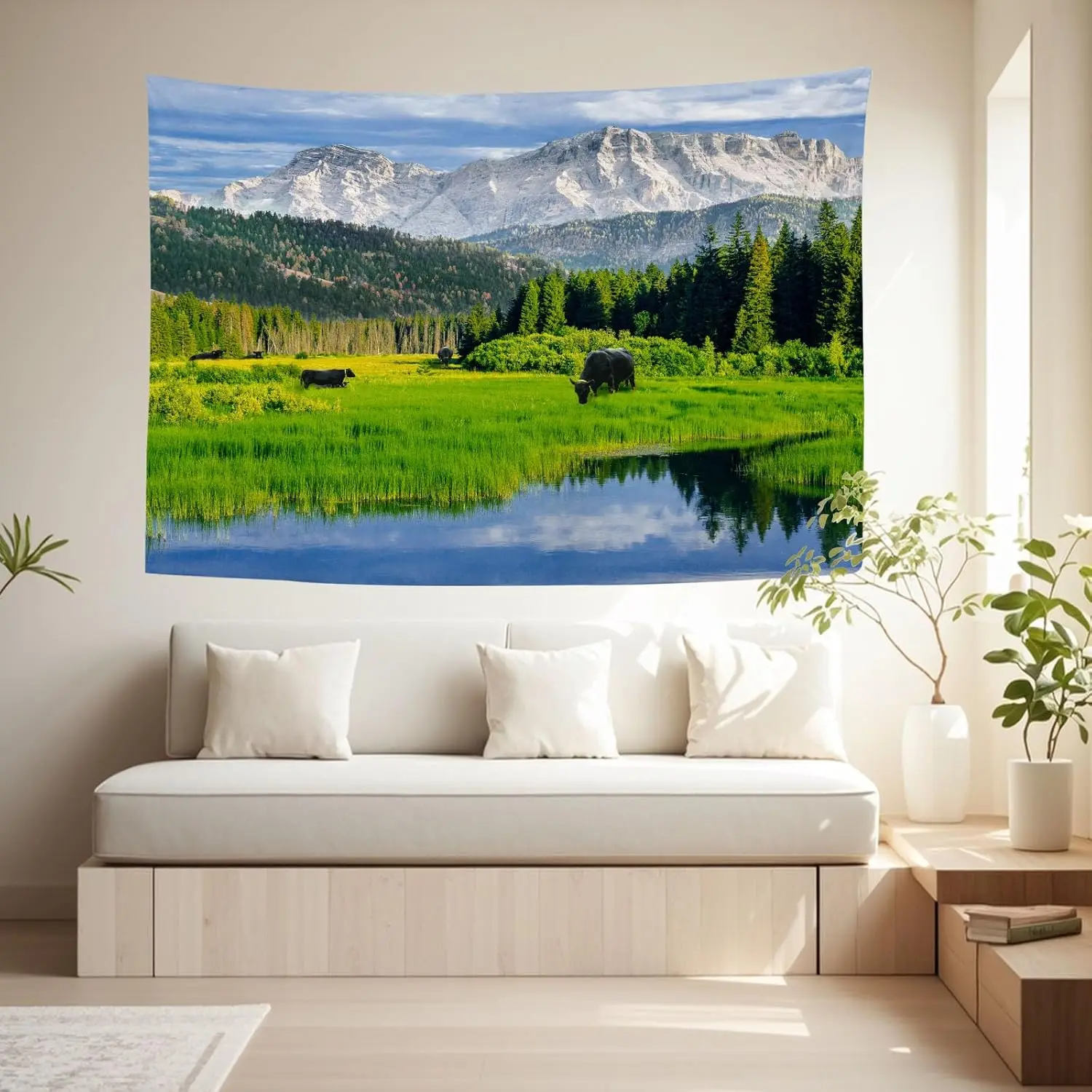 Realistic Nature Wall Tapestry Mountain Landscape Bears Wildlife Forest River Polyester Decor Rustic Lodge Style Hanging Art Pri