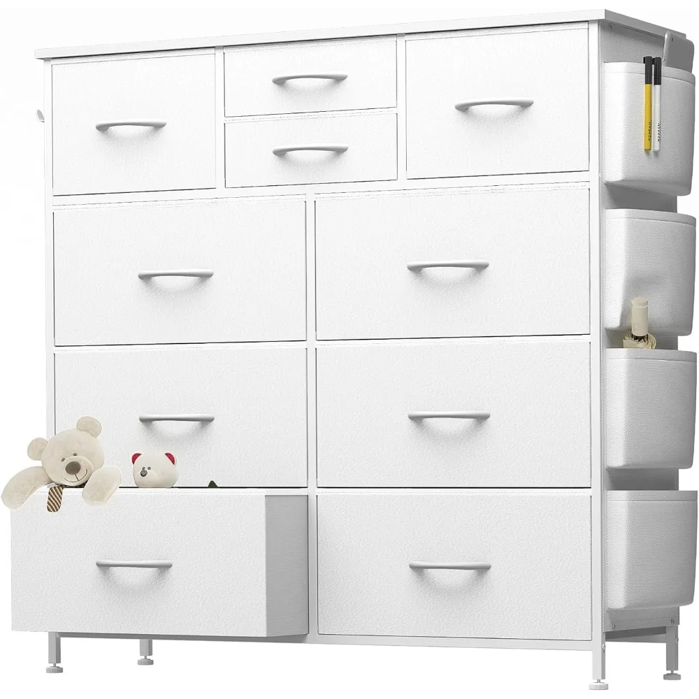 

Chest of Drawers for Bedroom, PU Dresser with Side Pockets, Hooks, Wooden Top and Sturdy Metal Frame for Living Room, Closet