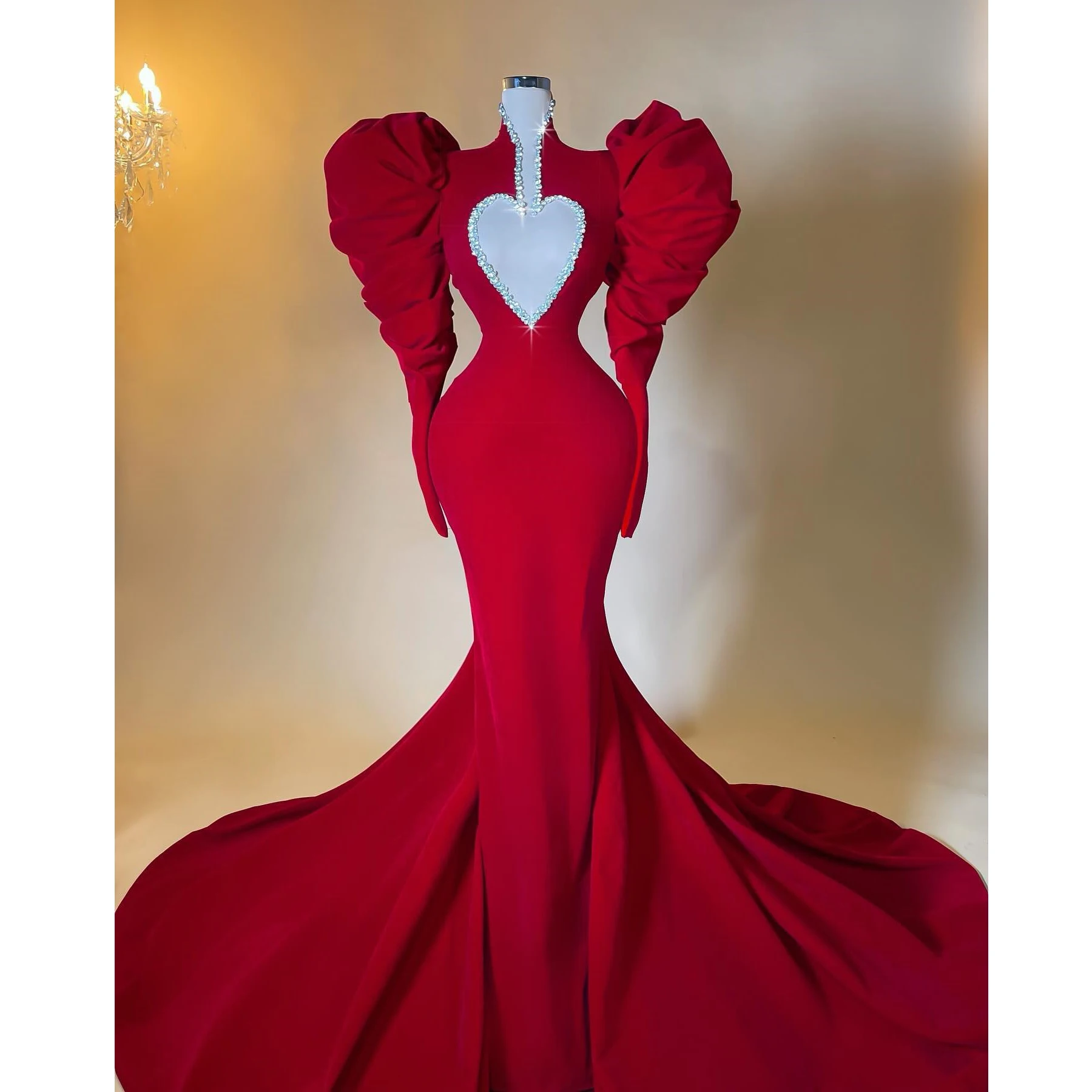 Sweet Red Mermaid Formal Party Dresses Ruffled Puff Sleeves Stretch Satin Prom Dress Rhinestones Cut-out Wedding Bridal Dress