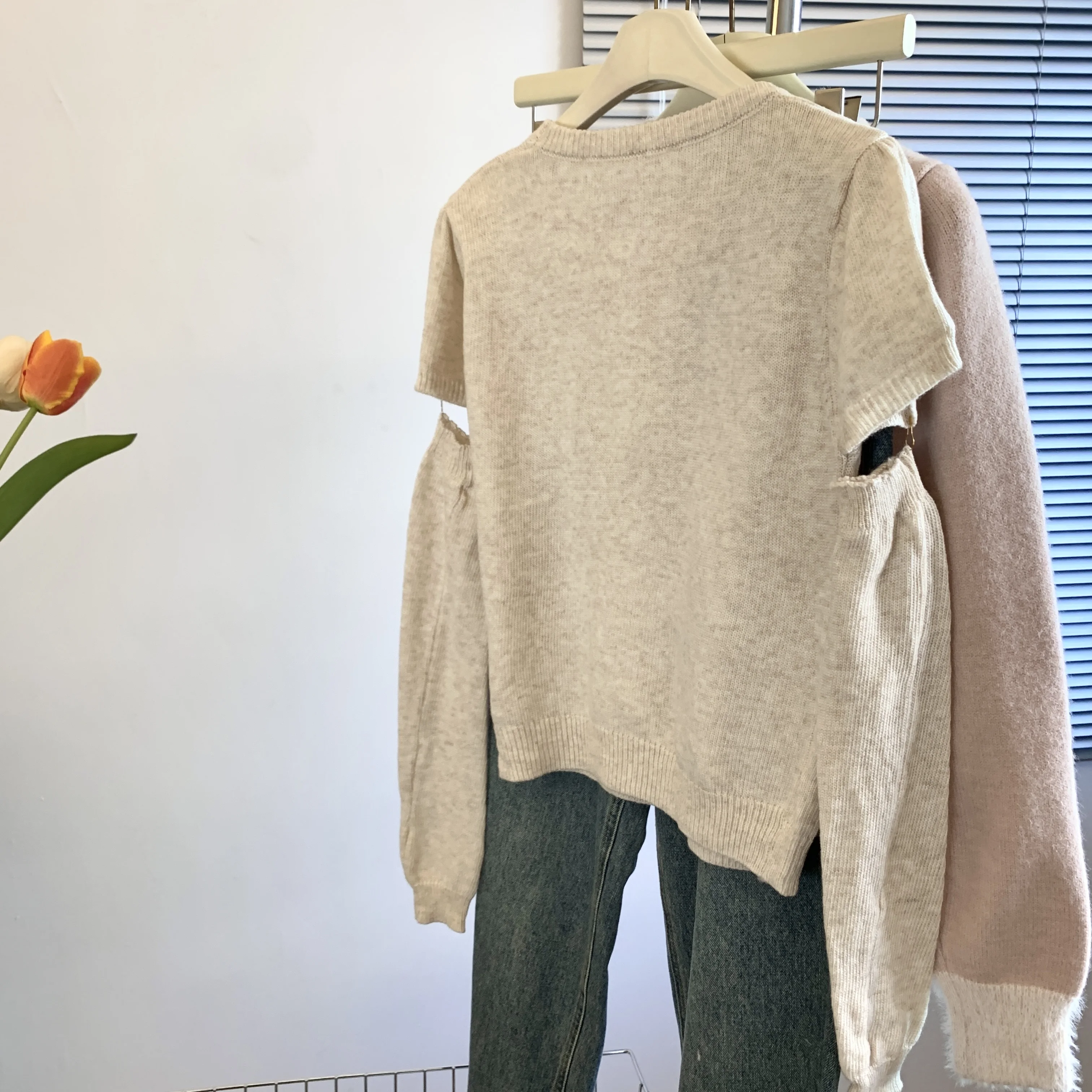 Maglione da donna con fiocco color albicocca, perline per unghie, industria pesante, moda chic, coreano Y2k, girocollo, autunno e inverno, lavorato a maglia anni '90